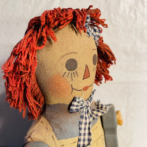 Raggedy Ann Style Doll with Paper Mache Body and Wooden Arms and Legs, Shelf Sitter Vintage Decorative Collectible