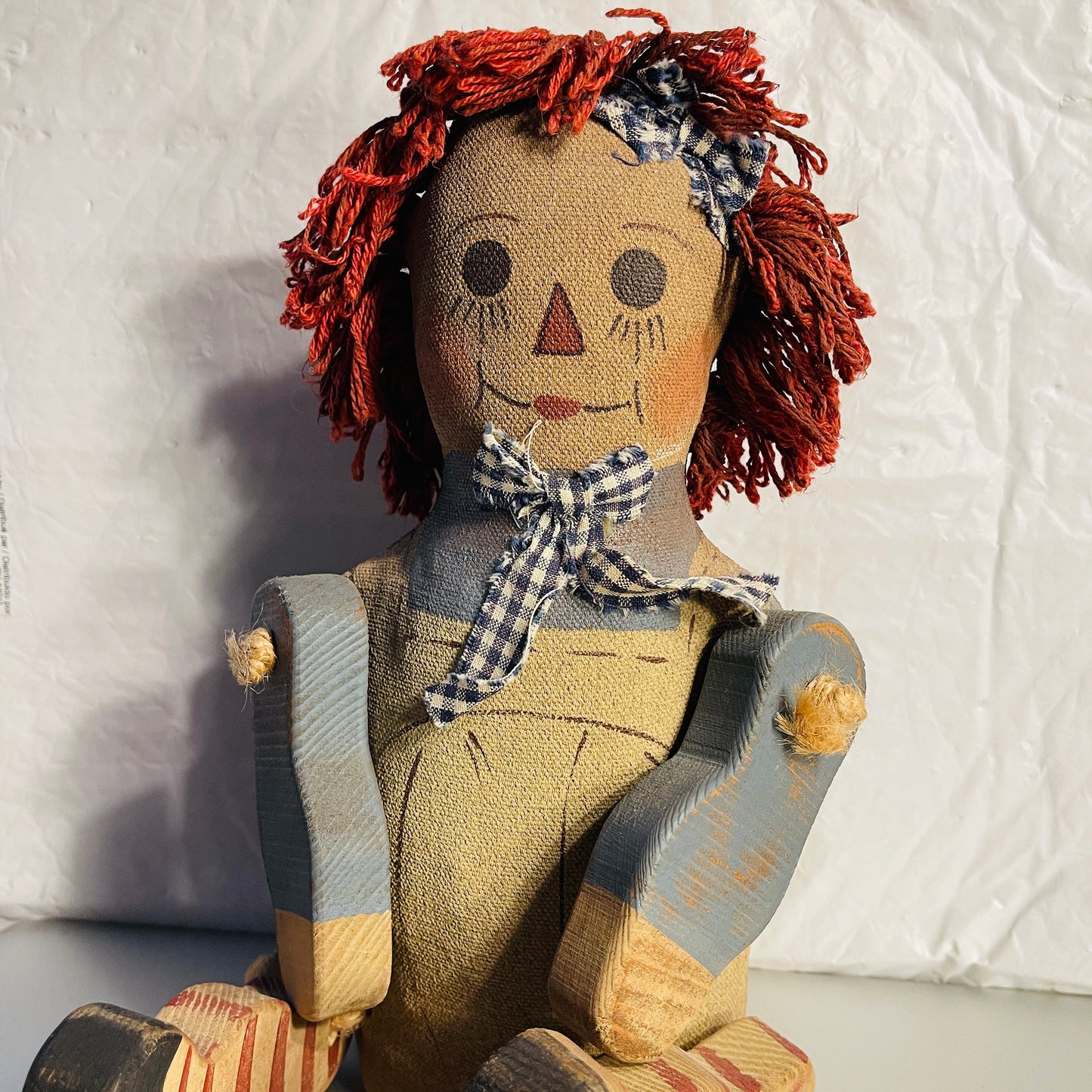 Raggedy Ann Style Doll with Paper Mache Body and Wooden Arms and Legs, Shelf Sitter Vintage Decorative Collectible