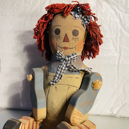 Raggedy Ann Style Doll with Paper Mache Body and Wooden Arms and Legs, Shelf Sitter Vintage Decorative Collectible