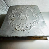 Square Sail Ship and flourish Circle In Relief, Hinged Metal Jewelry Box, Vintage Collectible