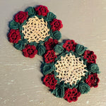Dollies, Pair of Hand Crocheted, Vintage 4 Inch Round Burgundy, Green and White Collectible, Finished Decorations