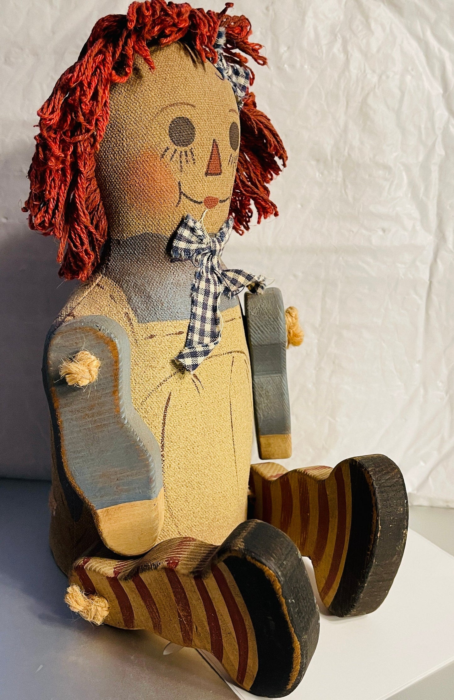 Raggedy Ann Style Doll with Paper Mache Body and Wooden Arms and Legs, Shelf Sitter Vintage Decorative Collectible