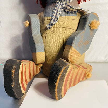 Raggedy Ann Style Doll with Paper Mache Body and Wooden Arms and Legs, Shelf Sitter Vintage Decorative Collectible