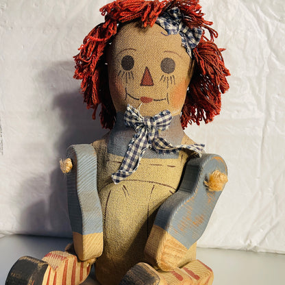 Raggedy Ann Style Doll with Paper Mache Body and Wooden Arms and Legs, Shelf Sitter Vintage Decorative Collectible