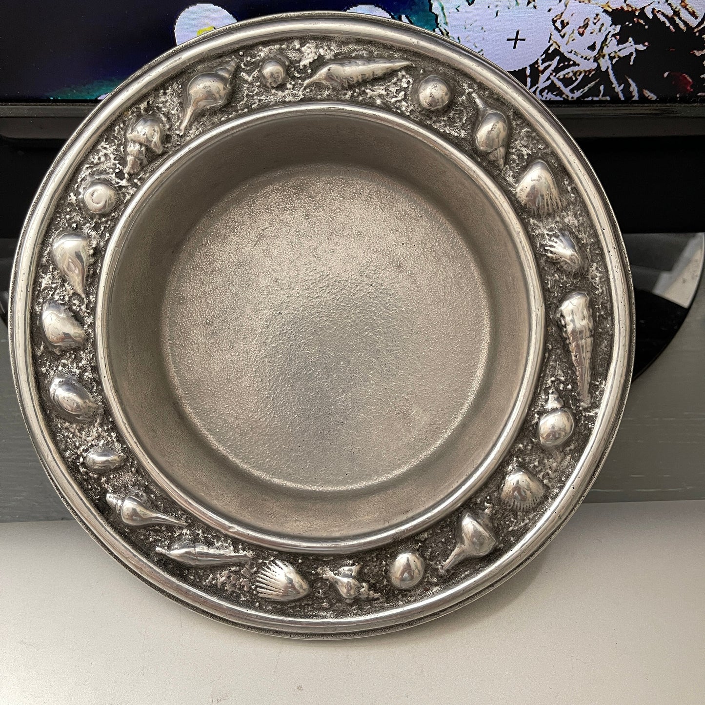 Pewter, RWP Wilton, Encircled In Raised Pewter Seashells, Vintage Collectible Trinket Bowl