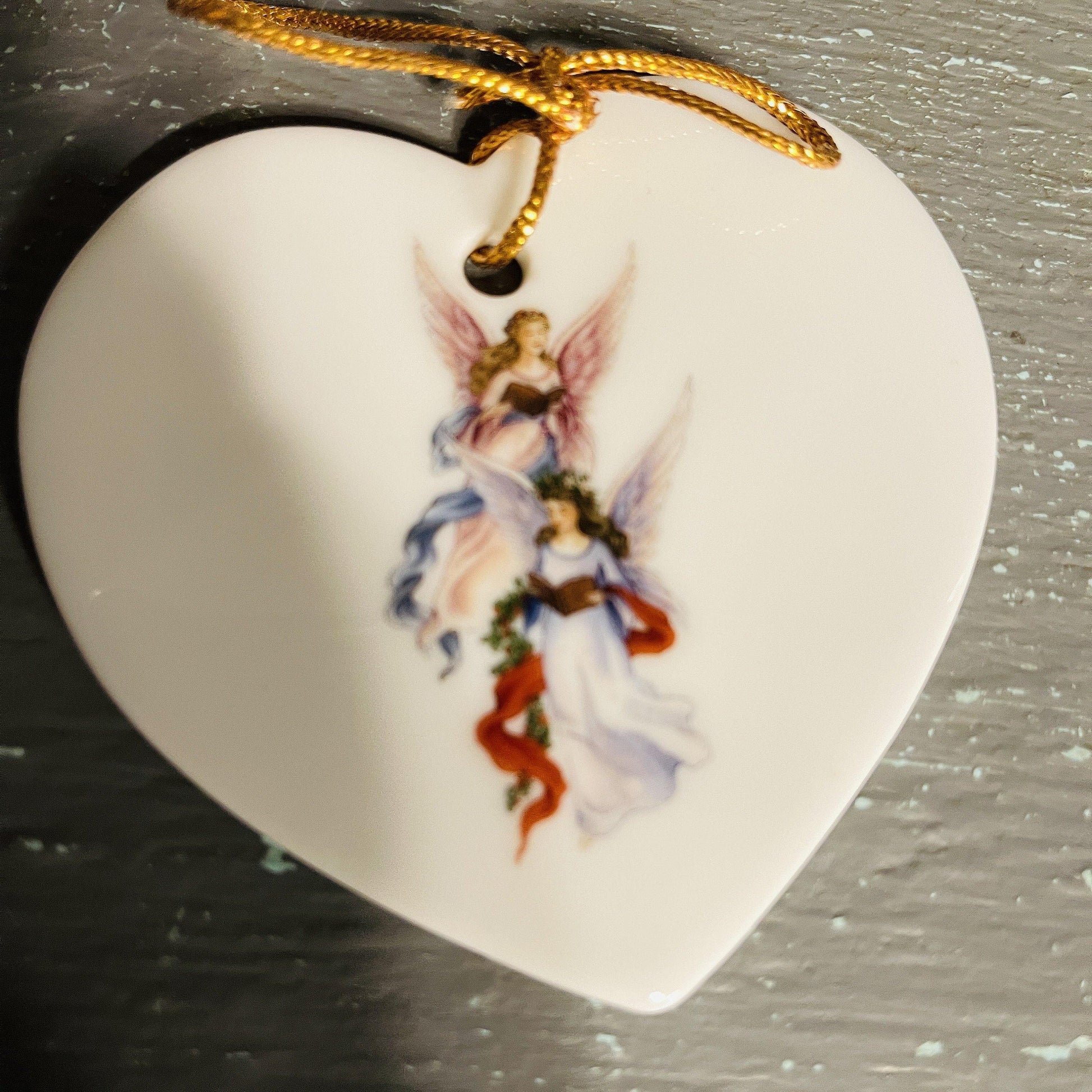 Pair of Angels On Porcelain Heart Shaped Ornament