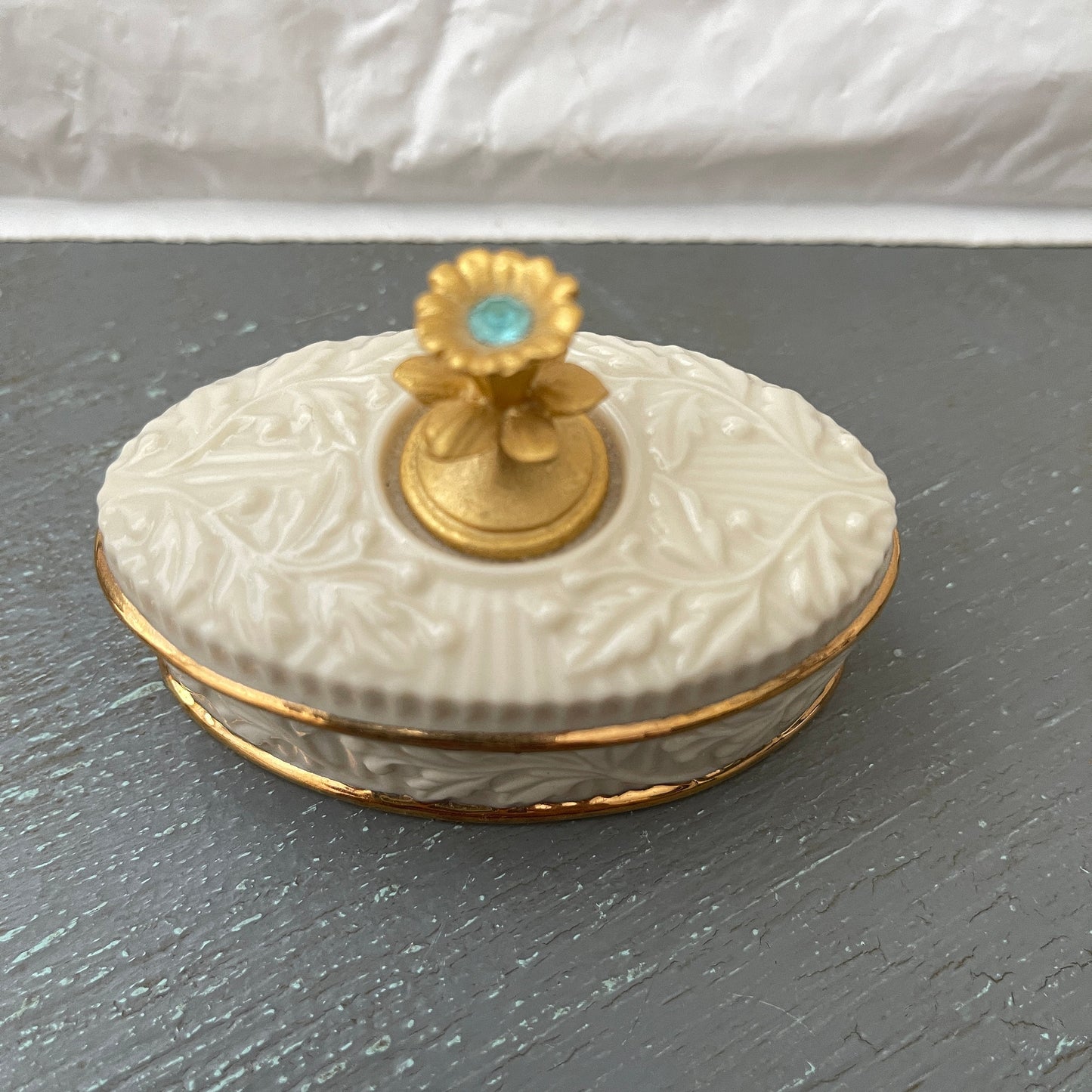 March Birthstone, Handcrafted In Thailand, Ring/Trinket Box, Gold Trimmed, Vintage Collectible