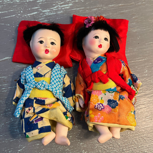 Very Cute Pair of Japanese Dolls with Porcelain Head and Legs, made in Japan, Vintage Collectibles*