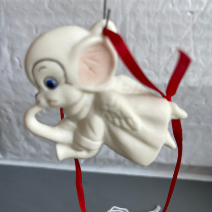 Sweet Little Blue Eyed Angel Mouse Playing Saxophone Vintage 1984, Porcelain Christmas Ornament