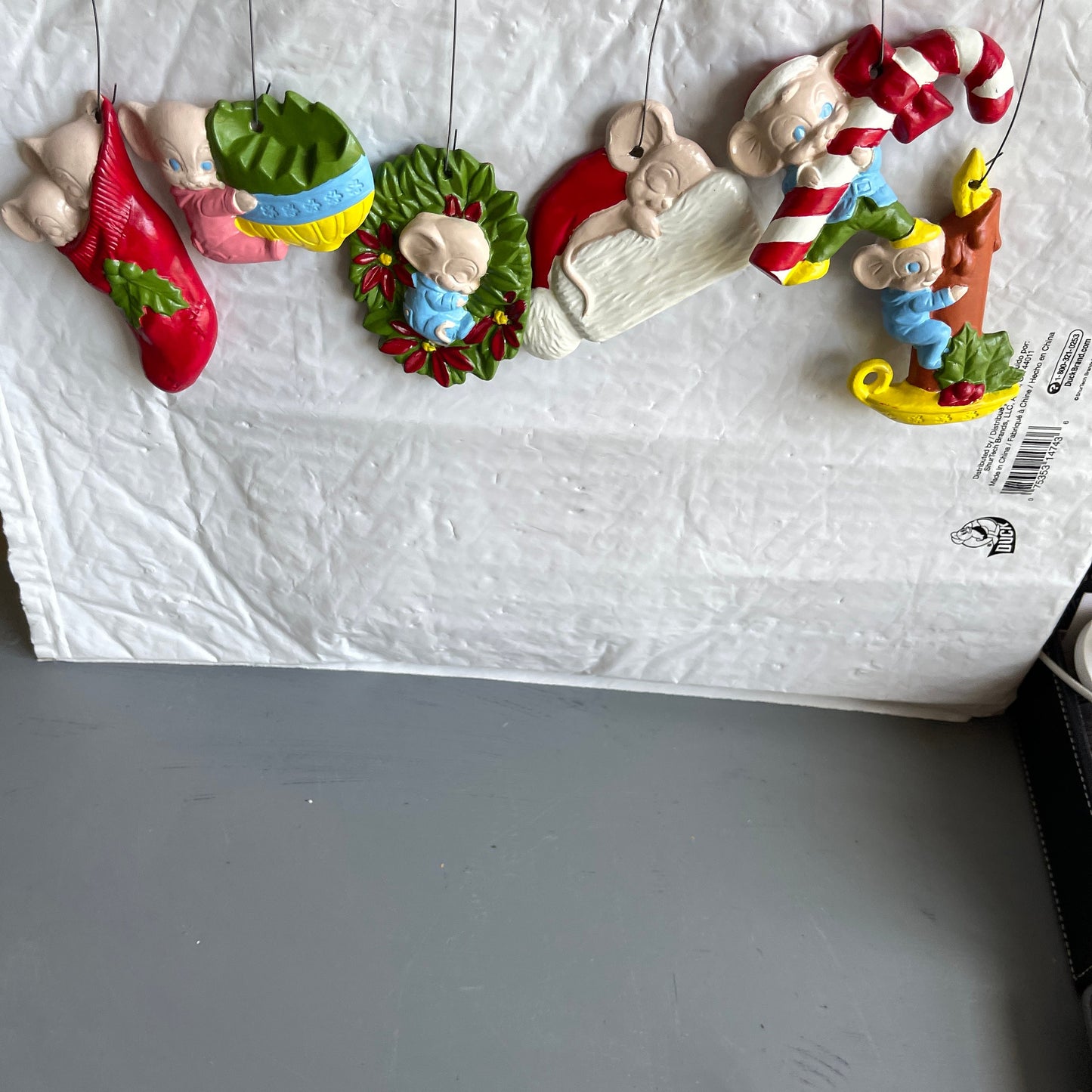 Very Cute Set Of 6 Mice Vintage Molded Plastic Christmas Tree Ornaments
