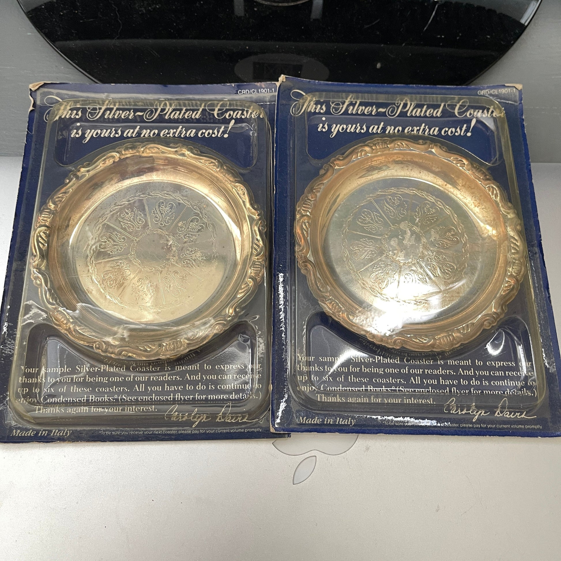 Readers Digest, Set Of 2, Silver Plated Coasters, Vintage, Advertising, Collectibles
