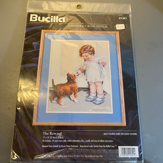 Bucilla The Reward 41341, Vintage 1996, Counted Cross Stitch Kit, Stitched On 14 Count Ivory AIDA, 11by 14 inches