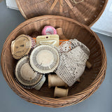 Nice Vintage 10.5  Inch Round Sewing Basket with Wooden Spools DMC Cotton pins etc.