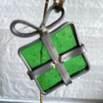 Stained Glass, Gift Package in Green, with Leaded Ribbon and Bow Vintage Collectible Ornament Ribbon and Bow Vintage Collectible Ornament