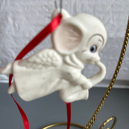 Sweet Little Blue Eyed Angel Mouse Playing Saxophone Vintage 1984, Porcelain Christmas Ornament