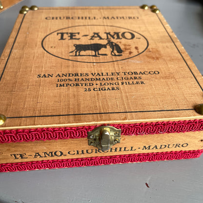 Wooden Cigar Box, TE-AMO, Divided with Mirror Inside, Vintage Tobacciana Collectible Jewelry Box, 8.25 by 7.5 by 2.5 Inches