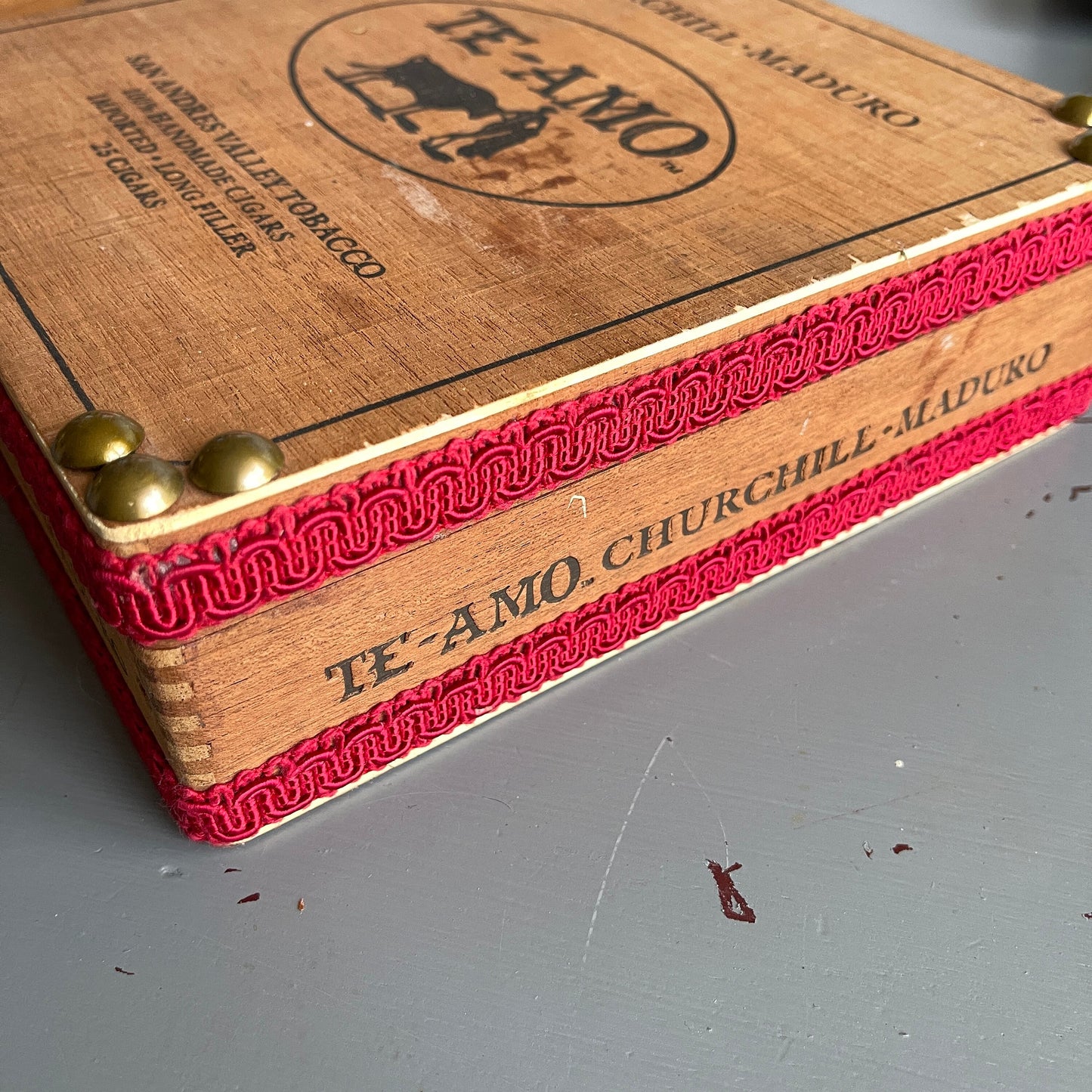 Wooden Cigar Box, TE-AMO, Divided with Mirror Inside, Vintage Tobacciana Collectible Jewelry Box, 8.25 by 7.5 by 2.5 Inches