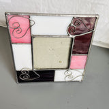 Stained Glass, Frame, Red, White, and Pink, 4 Hearts in 5.75 Inch Square Leaded Glass Vintage Frame, 3 by 3 Inch Picture Area