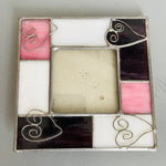 Stained Glass, Frame, Red, White, and Pink, 4 Hearts in 5.75 Inch Square Leaded Glass Vintage Frame, 3 by 3 Inch Picture Area