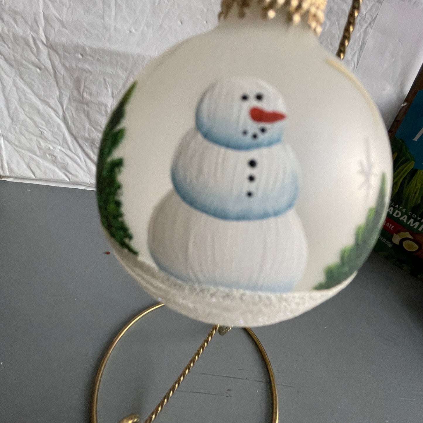 Thelma Hamilton Frosty Snowman with Evergreen Trees Hand-painted Vintage Glass Ball Ornament