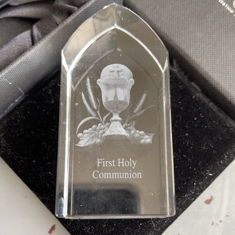 Laser Etched Glass First Holy Communion vintage commemorative By jeweled Cross