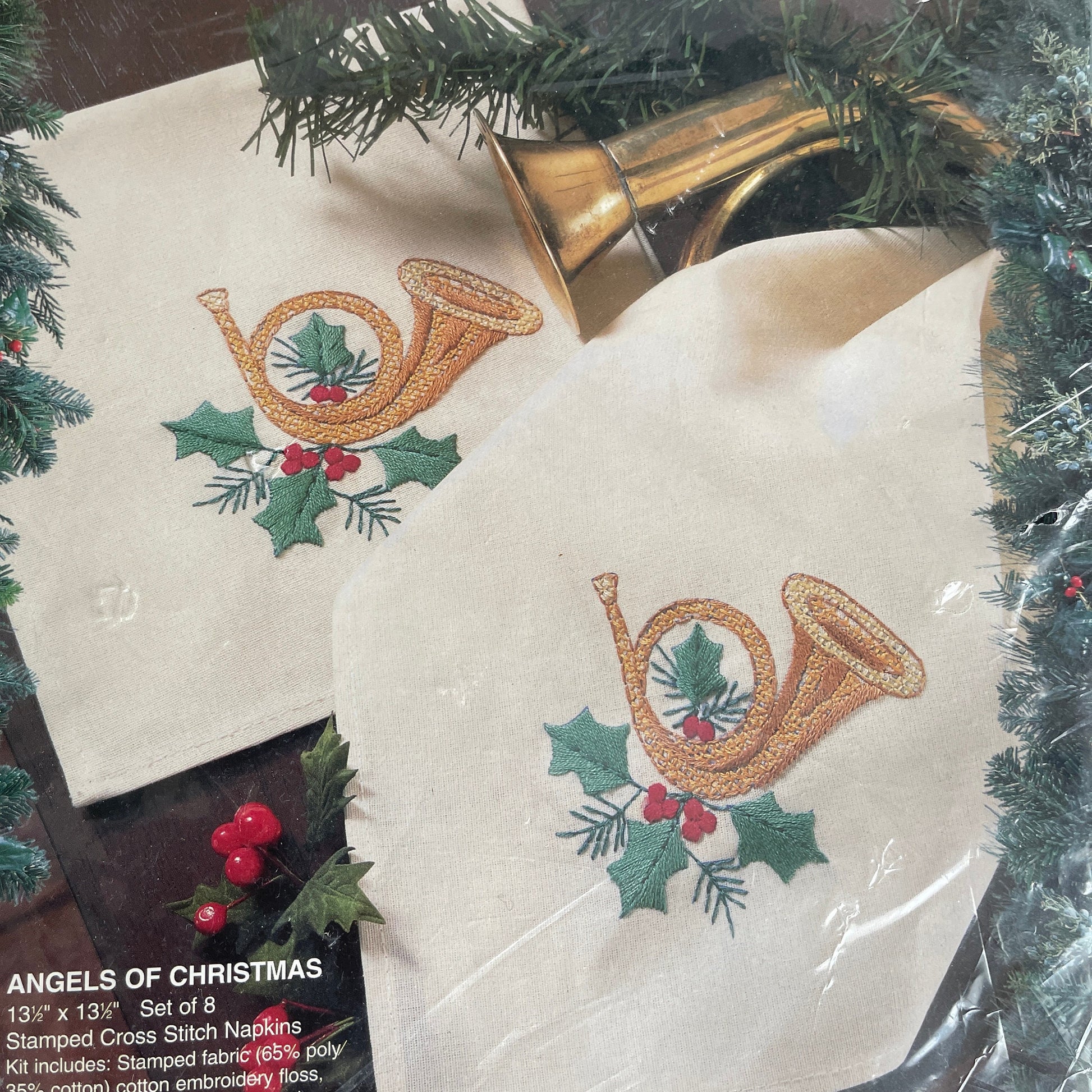 Bucilla Angels Of Christmas Vintage 1995 Set of 8 Stamped Cross Stitch Napkins Kit