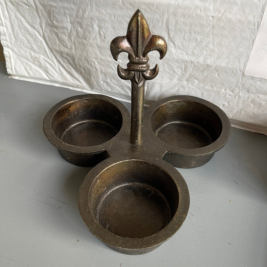 Fleur De Lis Handle Cast Metal Triple Bowl Relish Server Rustic French Country Cottagecore Decor