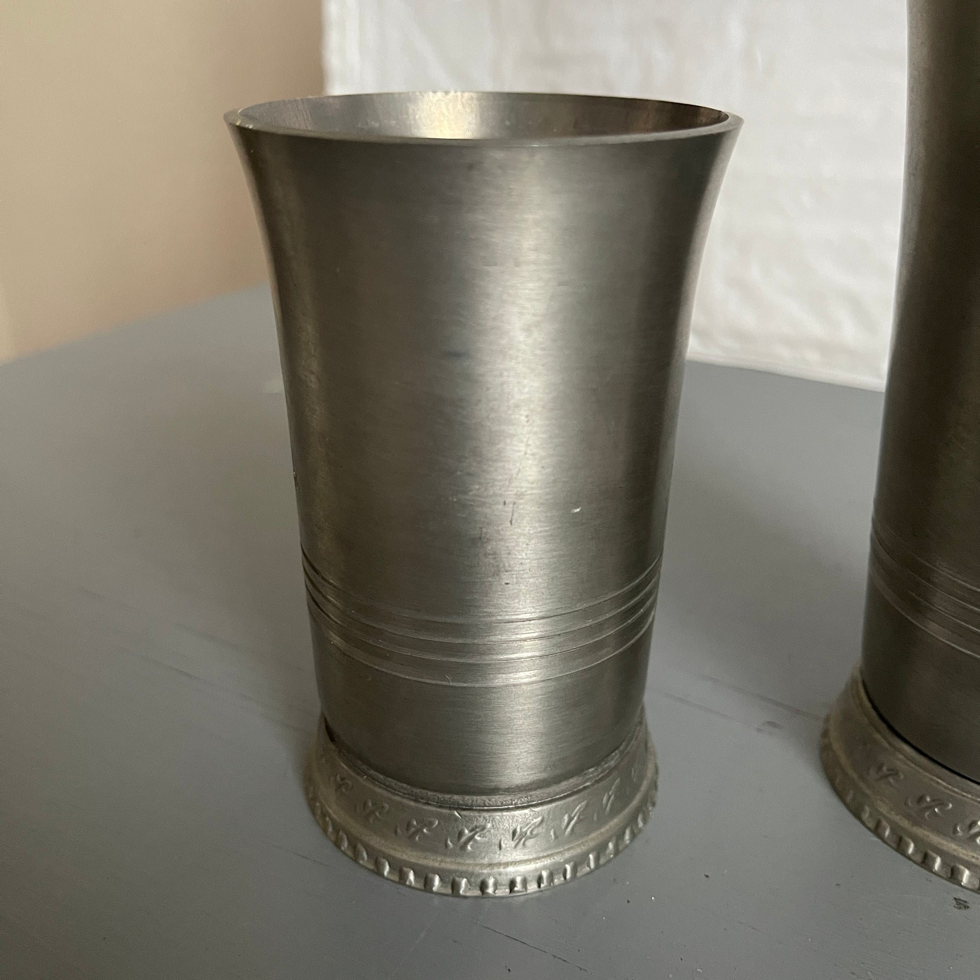 Pewter Rein Zinn, choice of stripe and floral pattern vintage tavern ware cups, collectible cottagecore, See Variations*