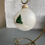 Thelma Hamilton Frosty Snowman with Evergreen Trees Hand-painted Vintage Glass Ball Ornament