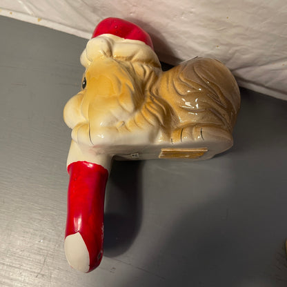 HOL Very Cute Puppy in a Santa Cap Holding His Christmas Stocking Vintage 1985 Collectible Ceramic Mantel Stocking Hook