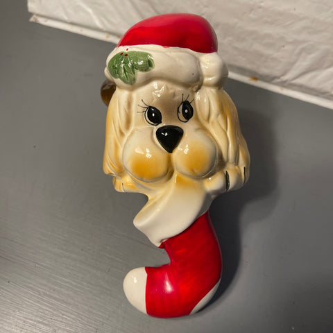 HOL Very Cute Puppy in a Santa Cap Holding His Christmas Stocking Vintage 1985 Collectible Ceramic Mantel Stocking Hook