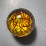 Phenomenal Paper Weight Amber Wavy Lines Set Against Yellow Ball Vintage Collectible Eclectic Decor