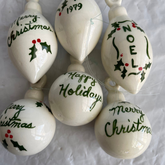 Festive Set Of 6 Holly Berries and Leaves White Porcelain Ornaments Dated 1979 Christmas Ornaments