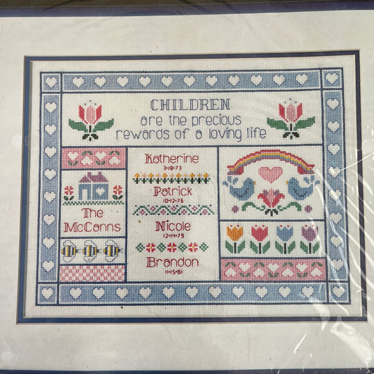 Dimensions, Precious Children Sampler, Vintage, 1986, 14 by 11 inch, Counted Cross Stitch Kit