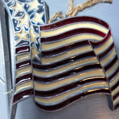 Stained Glass American Flag Waving On Metal Pole Vintage Decorative Collectible Ornament