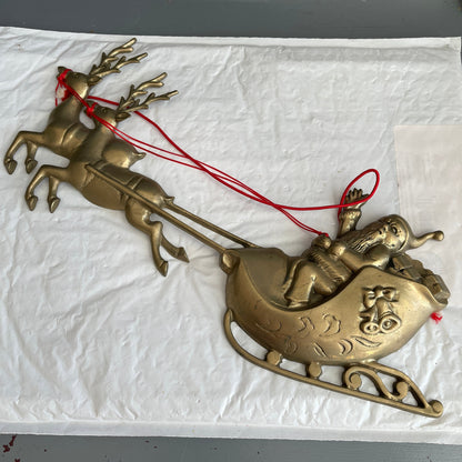 Santa in HIs Sleigh Pulled By Reindeer Large Bronze Tone Cast Metal Vintage Christmas Wall Hanging