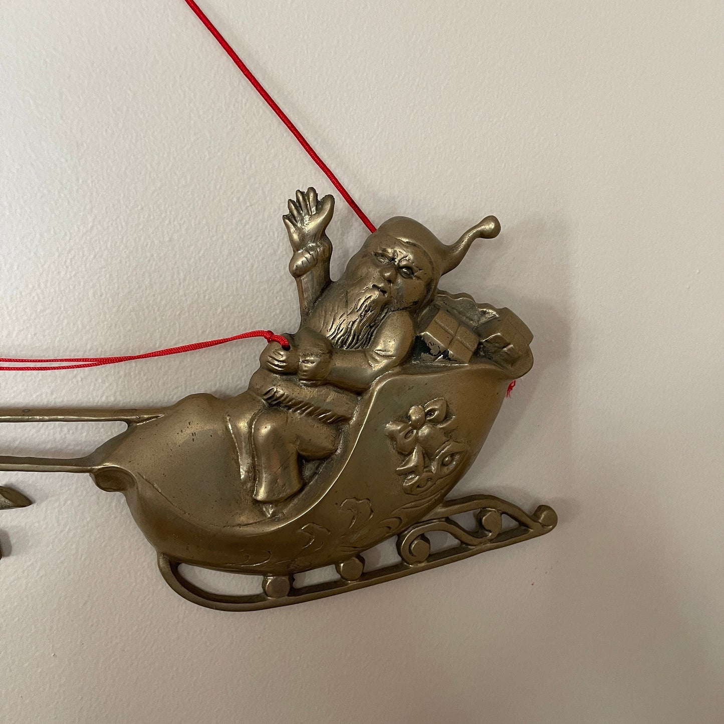 Santa in HIs Sleigh Pulled By Reindeer Large Bronze Tone Cast Metal Vintage Christmas Wall Hanging