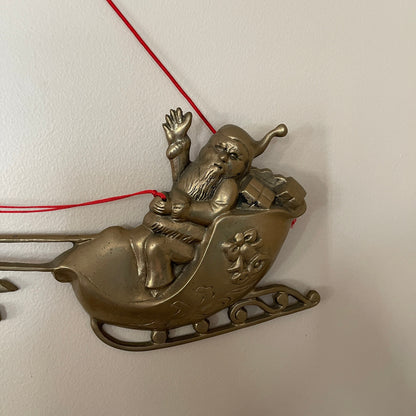 Santa in HIs Sleigh Pulled By Reindeer Large Bronze Tone Cast Metal Vintage Christmas Wall Hanging