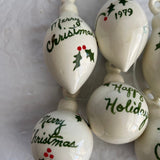 Festive Set Of 6 Holly Berries and Leaves White Porcelain Ornaments Dated 1979 Christmas Ornaments