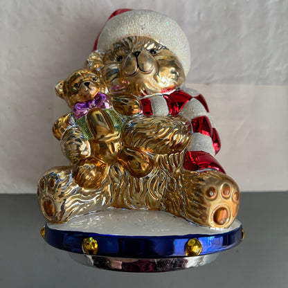 Gorgeous Golden Teddy Bear In Santa Cap and Scarf Candle Jar Topper Lid Vintage Collectible Figurine