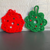 Snowflakes Pair Red and Green Hand Knitted Vintage Christmas Ornament