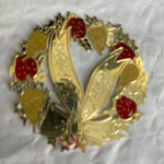 Happy Holidays Gold-Tone  Wreath With Red Apples and Yellow Pears Vintage Ornament