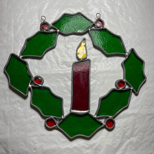 Stained Glass Candle & Holly Wreath Large 7.25 Inch Vintage Window/Wall Christmas Decoration