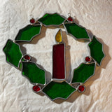 Stained Glass Candle & Holly Wreath Large 7.25 Inch Vintage Window/Wall  Christmas Decoration