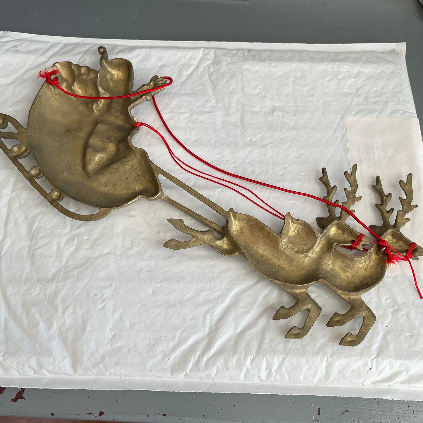 Santa in HIs Sleigh Pulled By Reindeer Large Bronze Tone Cast Metal Vintage Christmas Wall Hanging