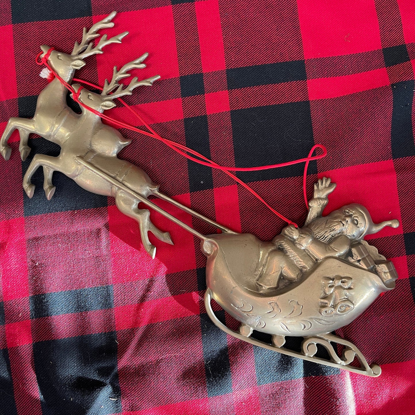 Santa in HIs Sleigh Pulled By Reindeer Large Bronze Tone Cast Metal Vintage Christmas Wall Hanging