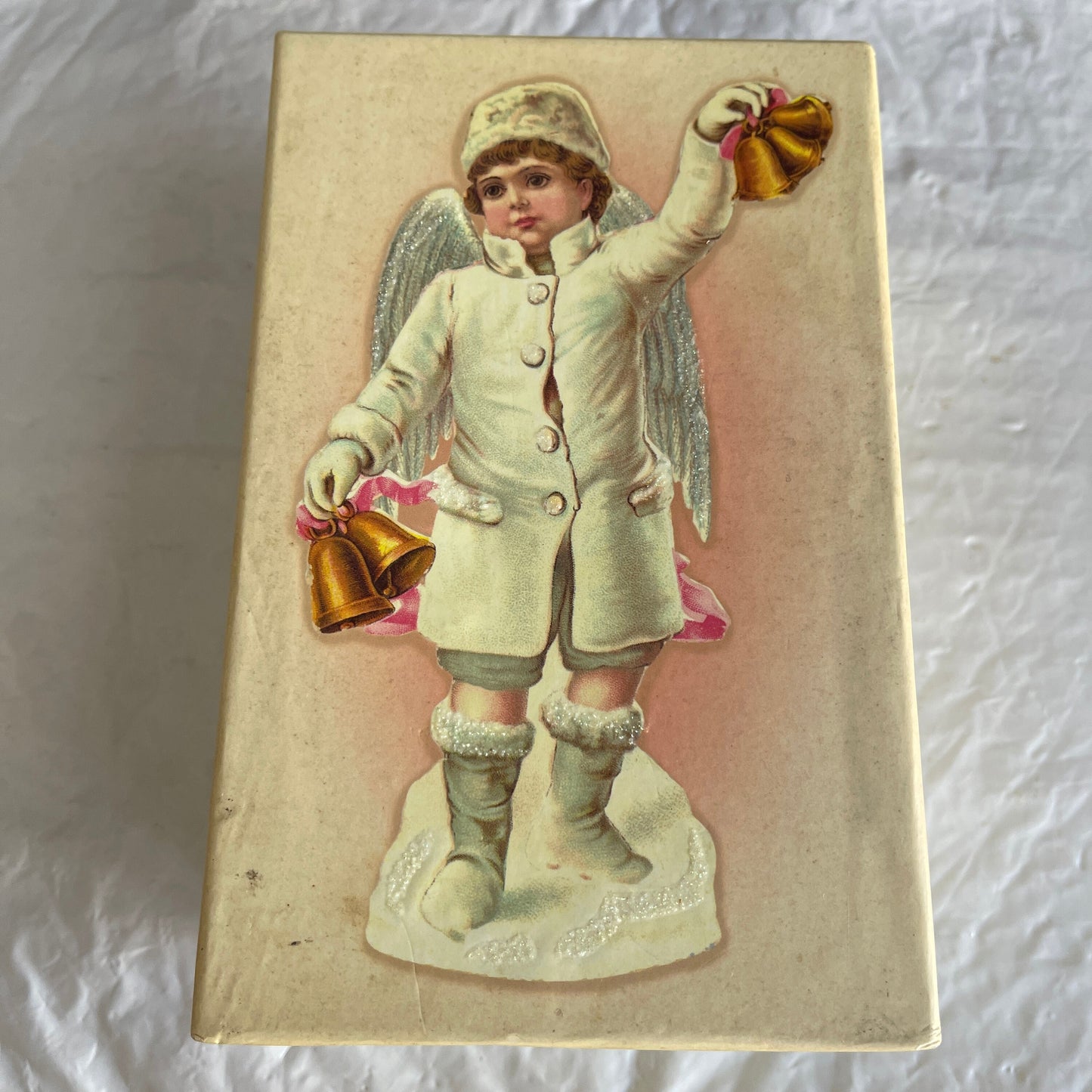 Beautiful Boy In Boots and Cap Angel Holding Bells Vintage Porcelain Christmas Ornament