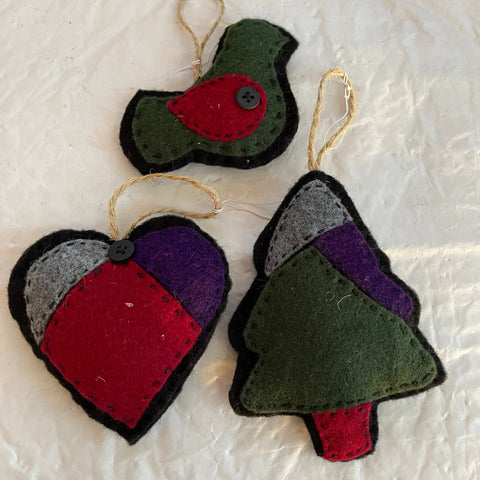 Stitchin' Country Style Dove Bird, Heart and Christmas Tree Set Of 3 Felt Ornaments