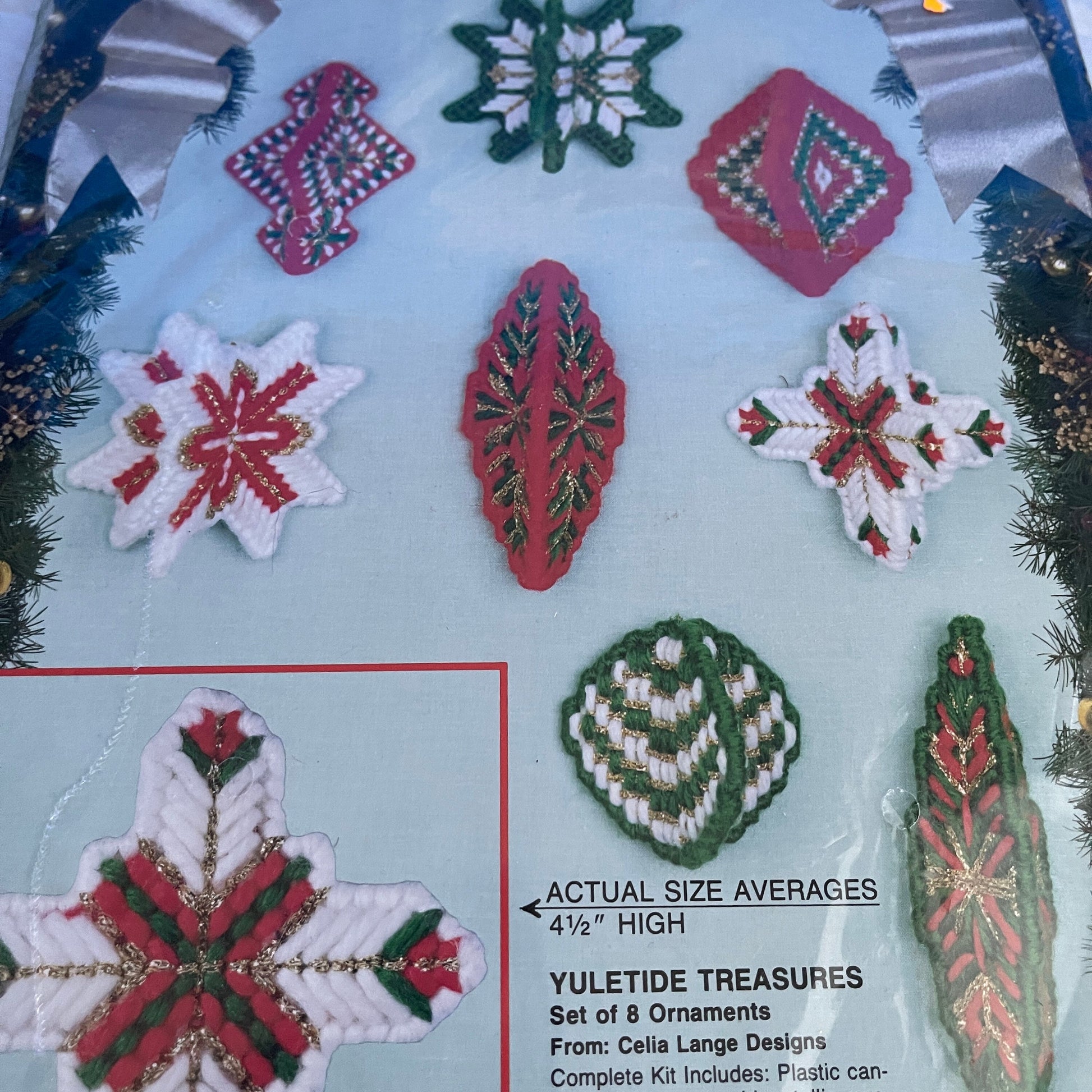 Bucilla Yuletide Treasures Set Of 8 Ornaments Vintage 1991 Plastic Canvas Kit