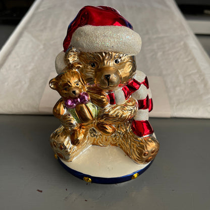 Gorgeous Golden Teddy Bear In Santa Cap and Scarf Candle Jar Topper Lid Vintage Collectible Figurine